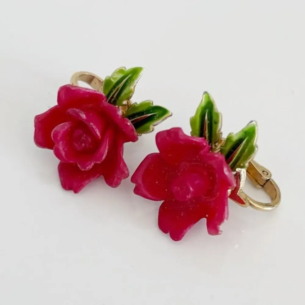Vintage Trifari Rose Clip On Earrings Red